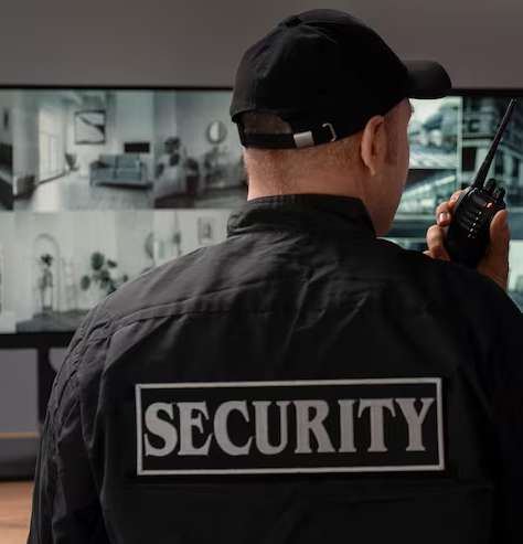 Security officer watching a wall of CCTV monitors