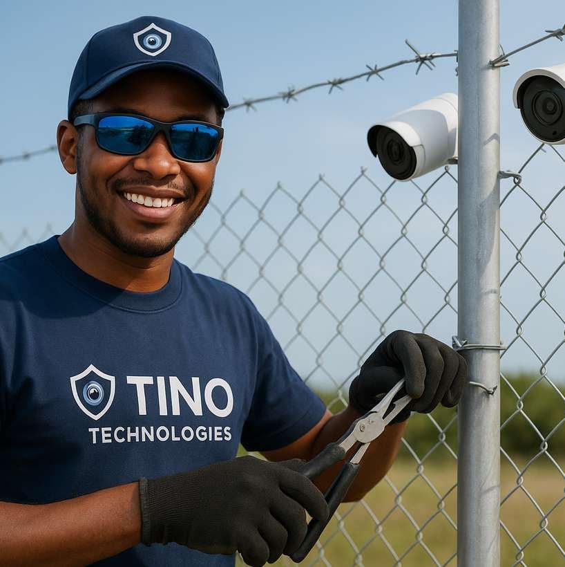 A Tino Technologies installer in a branded shirt fitting security cameras on a fence post